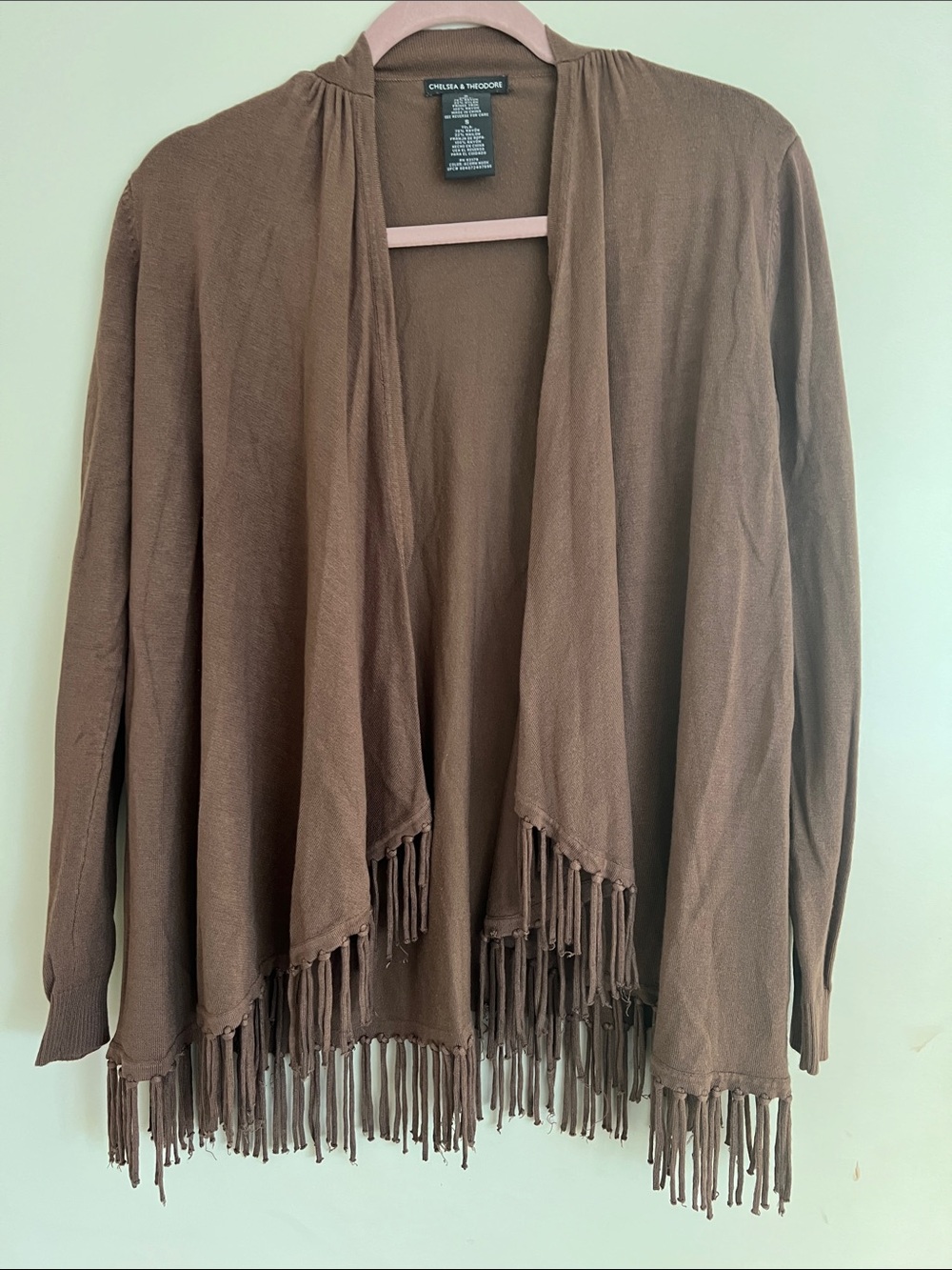 Chelsea & Theodore Taupe Brown Fringe Open-Front Cardigan